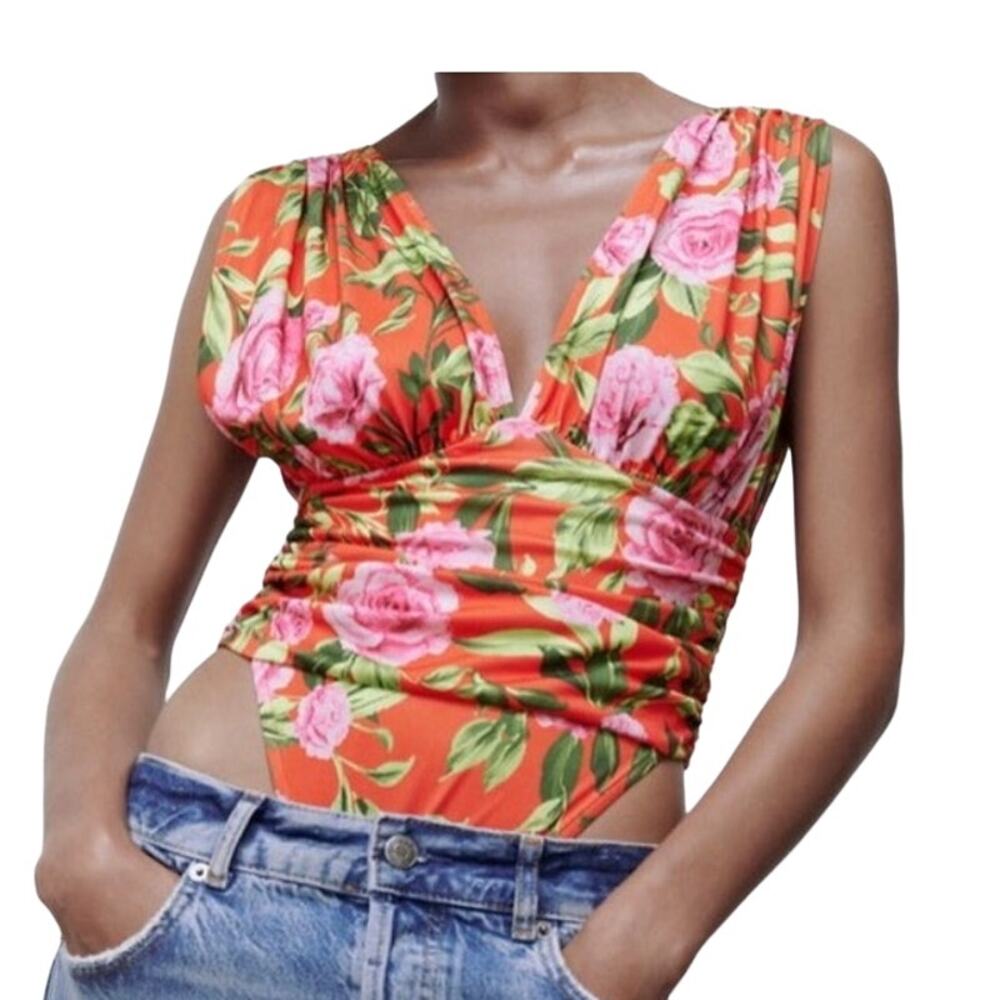 Zara Womens Rose Floral Printed Draped‎ Bodysuit High Cut Medium New